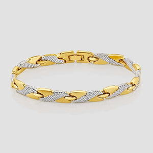 A two-tone gold and silver link bracelet displayed in a circular shape on a light gray background.