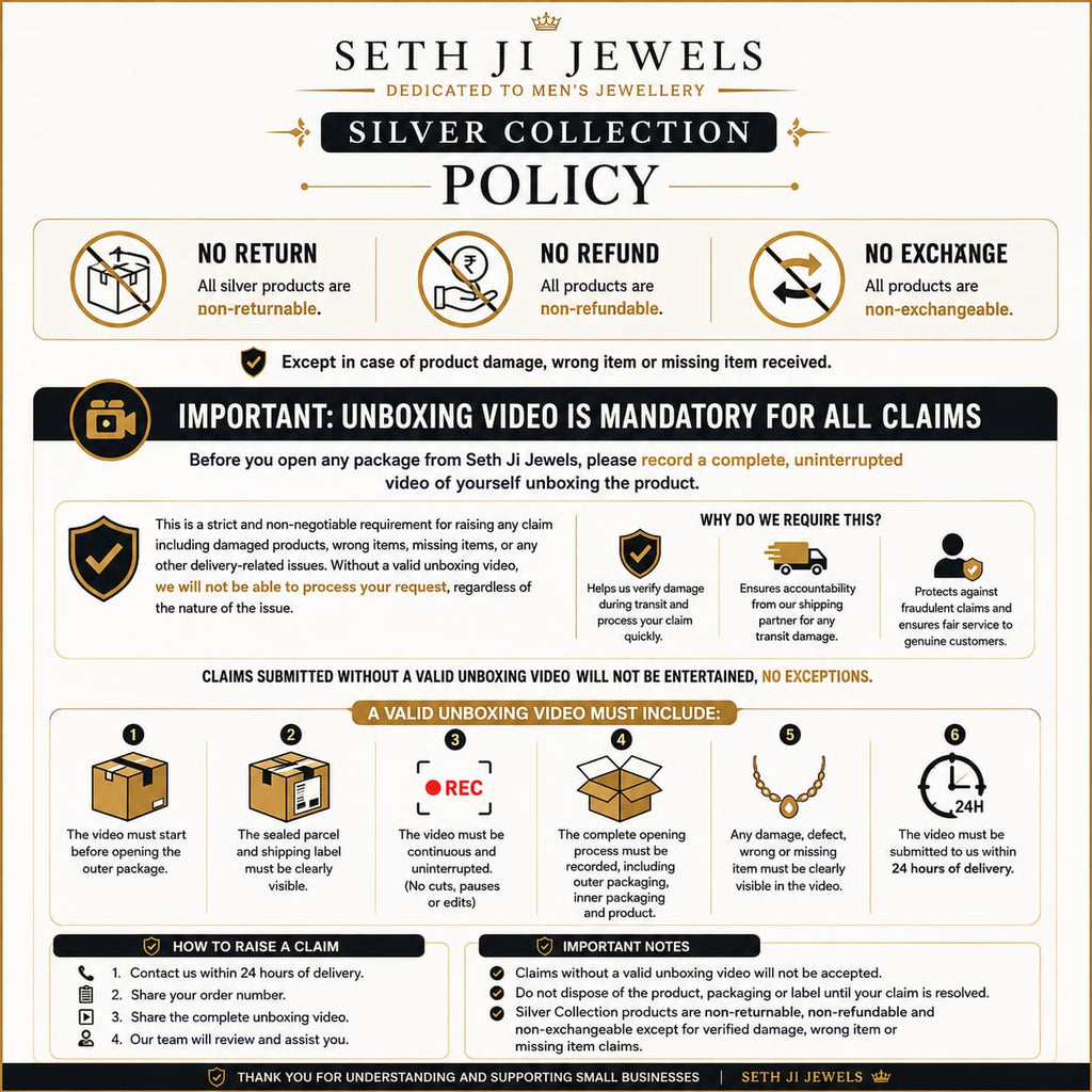 A promotional infographic for Seth Ji Jewels Silver Collection Policy, outlining terms like no return, no refund, and no exchange, with icons and text on a white background.