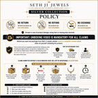 A promotional infographic for Seth Ji Jewels Silver Collection Policy, outlining terms like no return, no refund, and no exchange, with icons and text on a white background.