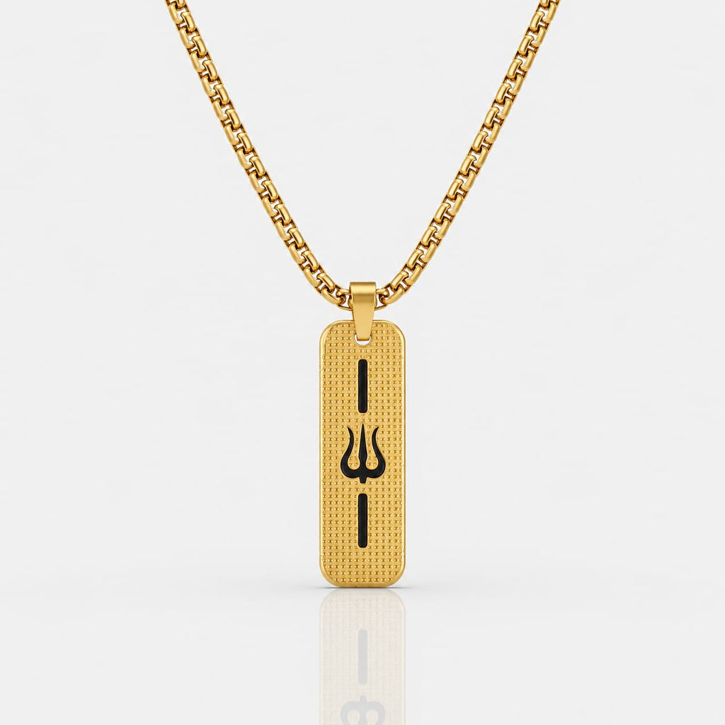 A gold-toned rectangular pendant necklace with a black Trishul symbol in the center, suspended from a matching gold chain against a light gray background.