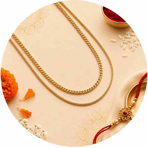 Two gold-tone chain necklaces displayed on a beige surface with decorative floral and rice props, arranged inside a circular frame.