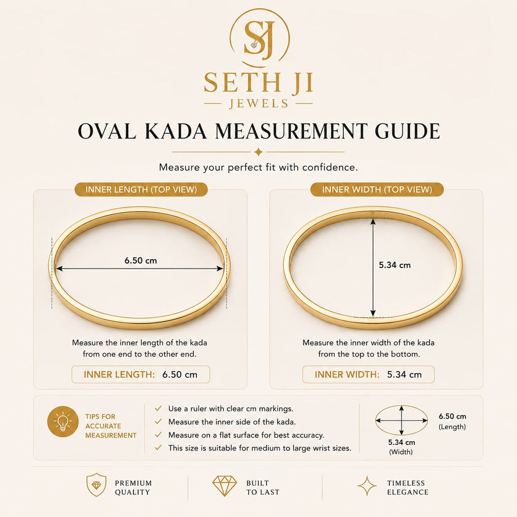 Seth Ji Jewels Oval Kada Measurement Guide infographic showing gold-colored oval kada rings with labeled inner length and inner width measurements on a light beige background.
