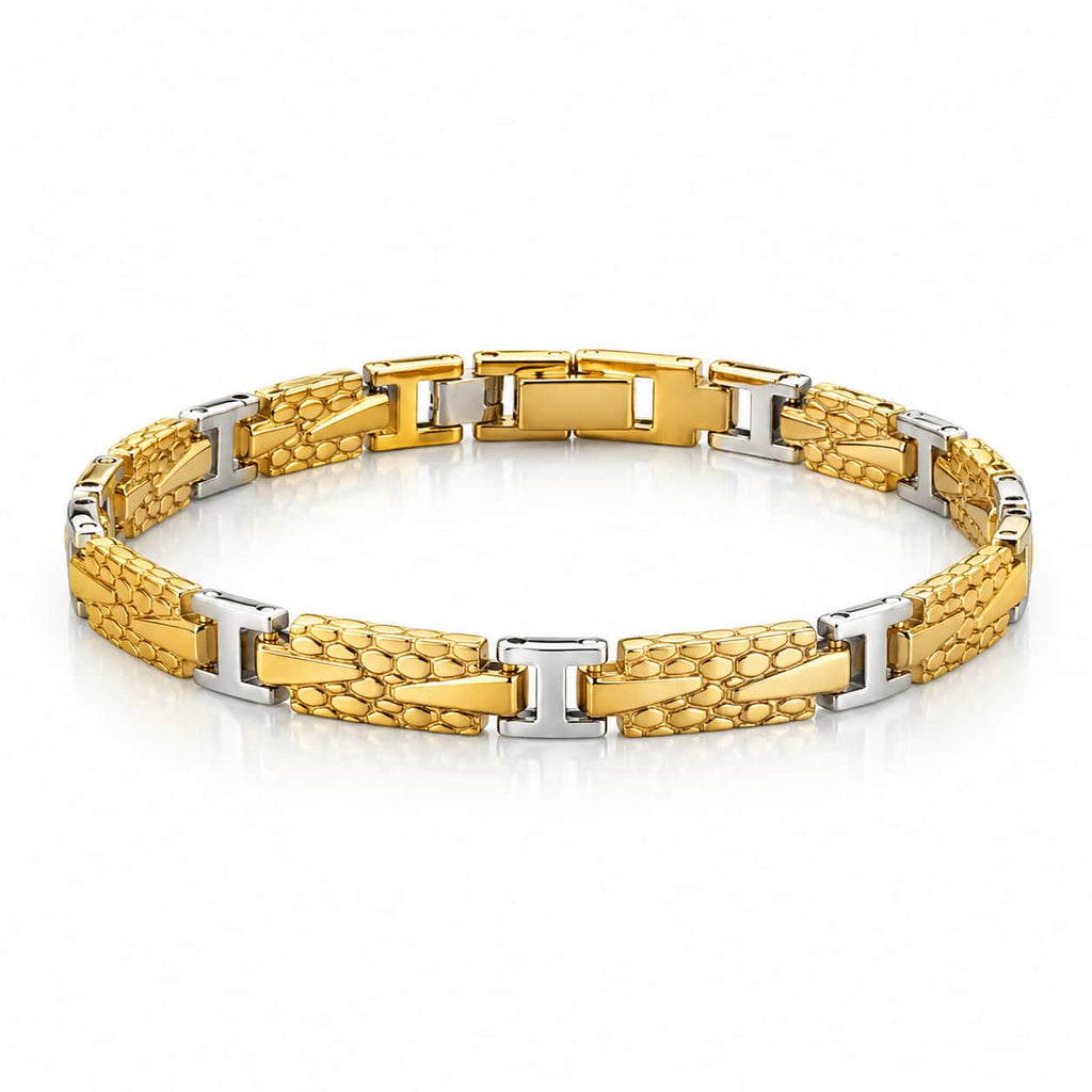 A two-tone yellow gold and silver link bracelet with a textured, snake-like pattern on the gold links and polished silver-toned rectangular connectors, shown on a white background.