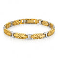 A two-tone yellow gold and silver link bracelet with a textured, snake-like pattern on the gold links and polished silver-toned rectangular connectors, shown on a white background.