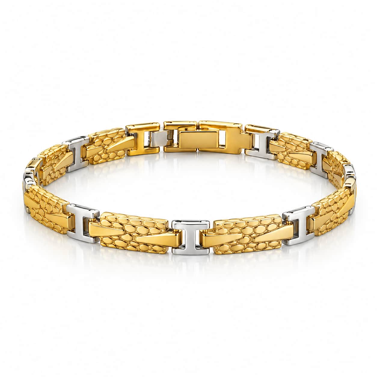 A two-tone yellow gold and silver link bracelet with a textured, snake-like pattern on the gold links and polished silver-toned rectangular connectors, shown on a white background.