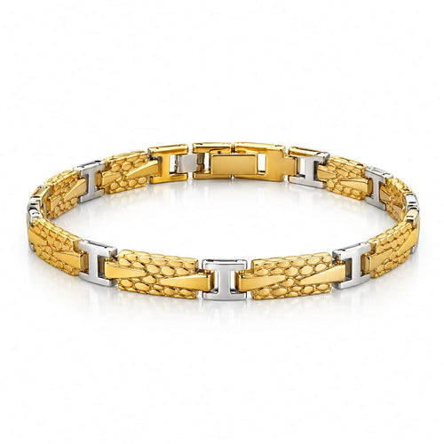 A two-tone yellow gold and silver link bracelet with a textured, snake-like pattern on the gold links and polished silver-toned rectangular connectors, shown on a white background.