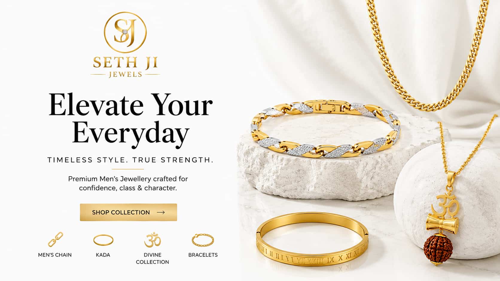 Seth Ji Jewellery promotional banner showcasing men's gold and silver jewelry, including a chain necklace, Kadas, a Divine pendant, and bracelets, styled on white textured stones with a gold brand logo and text on the left.