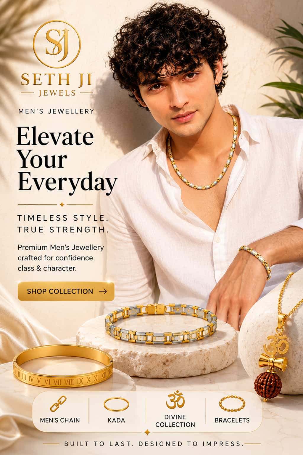 Man wearing Seth Ji Jewels jewelry with product display in the foreground