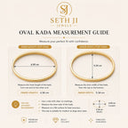 Seth Ji Jewels Oval legacy-ad-gold-kada-ad-stone-detail.jpg showing gold-colored oval kada rings with labeled inner length and inner width measurements on a light beige background.