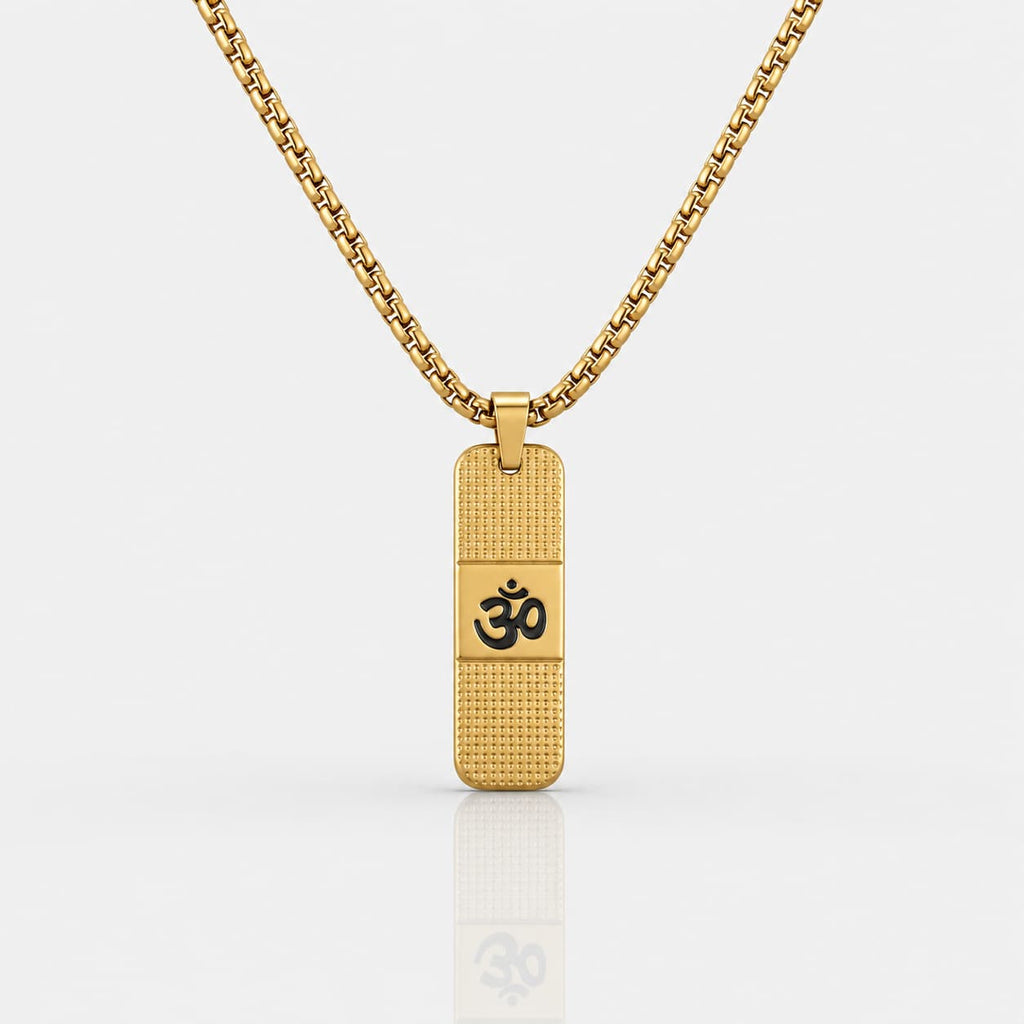 Front view of Om Pendant Dotted Design gold necklace