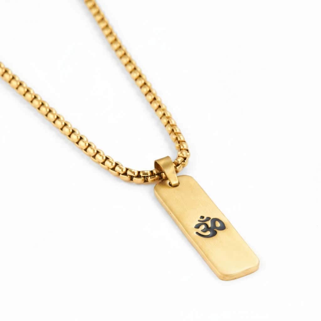 Close-up of Om Pendant Plain Design gold necklace showing polished finish