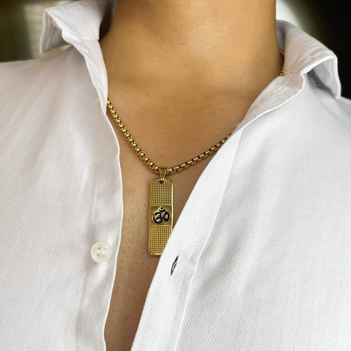 Men's Om Pendant Dotted Design gold necklace front view