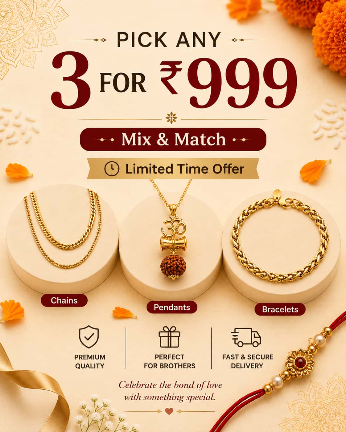 Promotional banner for a jewelry bundle offer featuring three gold necklaces, a pendant, and a bracelet displayed on beige pedestals, alongside a red and gold Rakhi. The background is cream with festive orange marigold flowers and gold foil details, with text reading 'PICK ANY 3 FOR ‚999' and 'Mix & Match'.