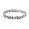 A silver-toned chevron-patterned bracelet with a polished rectangular clasp, displayed on a clean white background.
