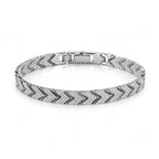A silver-toned chevron-patterned bracelet with a polished rectangular clasp, displayed on a clean white background.