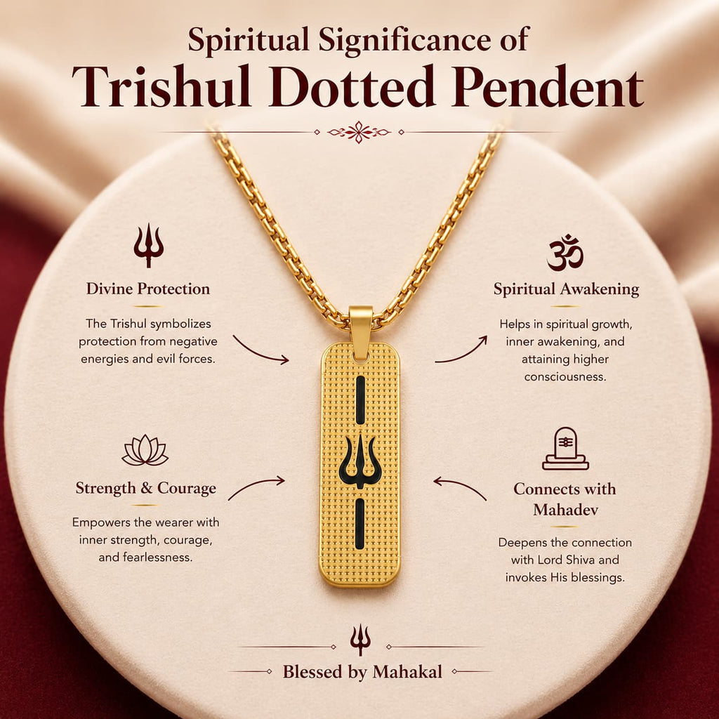 Gold Trishul Dotted Pendant necklace displayed on a beige circular card with spiritual text callouts about divine protection, spiritual awakening, strength and courage, and connection with Mahadev.
