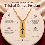 Gold Trishul Dotted Pendant necklace displayed on a beige circular card with spiritual text callouts about divine protection, spiritual awakening, strength and courage, and connection with Mahadev.